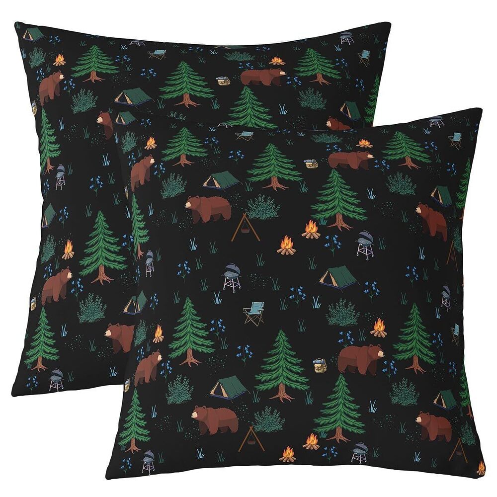 4424 Hunting Bear Throw Pillow Covers 22x22 inch Set of 2, Happy Camping